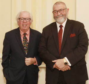 Distinguished Professor Emeritus Bill Crawley (left) and UMW Museums Executive Director Scott Harris ’83 have served as co-directors of the William B. Crawley Great Lives Lecture Series for the past year. On Tuesday, Crawley announced his retirement. Harris, his former student at Mary Washington, will oversee the Great Lives Lecture Series. Photo by Karen Pearlman.